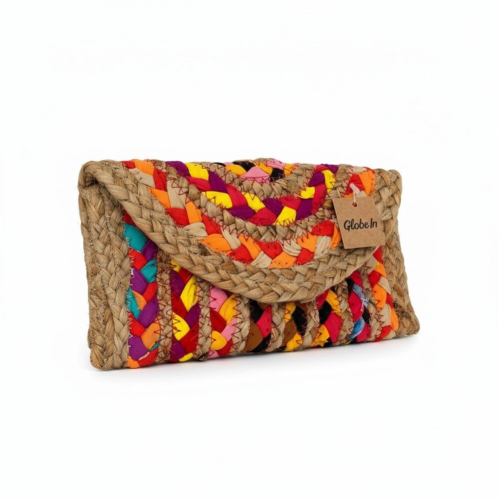 Globe-In Natural Woven Jute Multicolor Artisan Slim Envelope Clutch Handbag